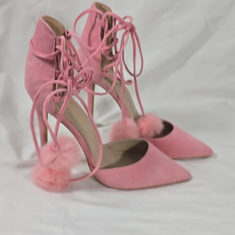 Pink Lace-Up Heels with Pom Poms